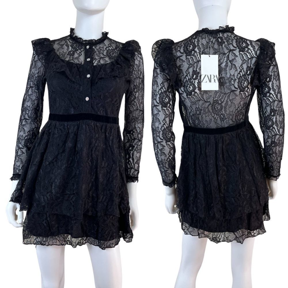 Zara Jewel Women Size S Black Lace Ruffle Lace Tiered Long Sleeve Mini NEW Dress